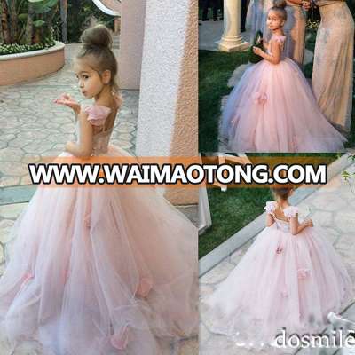 Pink Tulle Sleeveless Lace Flower Girl Dresses With Bow Ball Gown First Communion Dress for Girls Little Girls Pageant Dresses