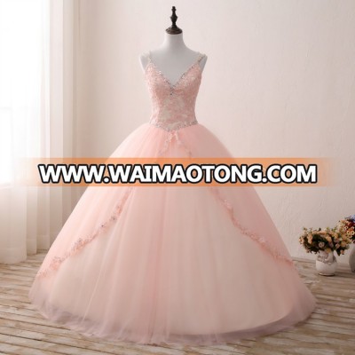 Puffy ball gown princess dress pink color deep v neck bridal wedding dress tulle colorful flower wedding dress